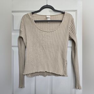 H&M Beige Ribbed Scoop-Neck Long Sleeve Top